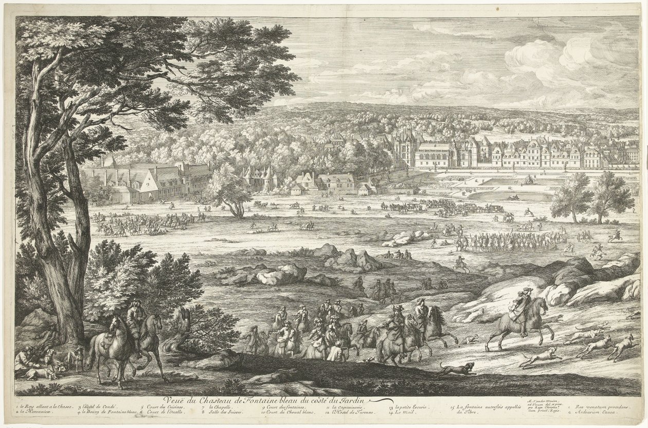 Udsigt over slottet Fontainebleau (venstre side) Veuë du Chasteau de Fontainebleau du costé du Jardin (titel på objektet) af Adriaen Frans Boudewyns