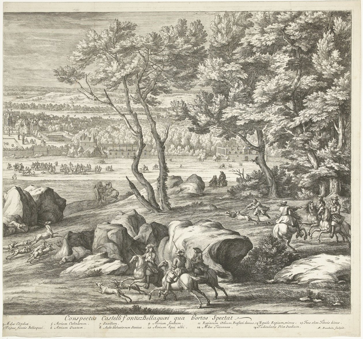 Udsigt over slottet Fontainebleau (højre side) Veuë du Chasteau de Fontainebleau du costé du Jardin (titel på objektet) af Adriaen Frans Boudewyns