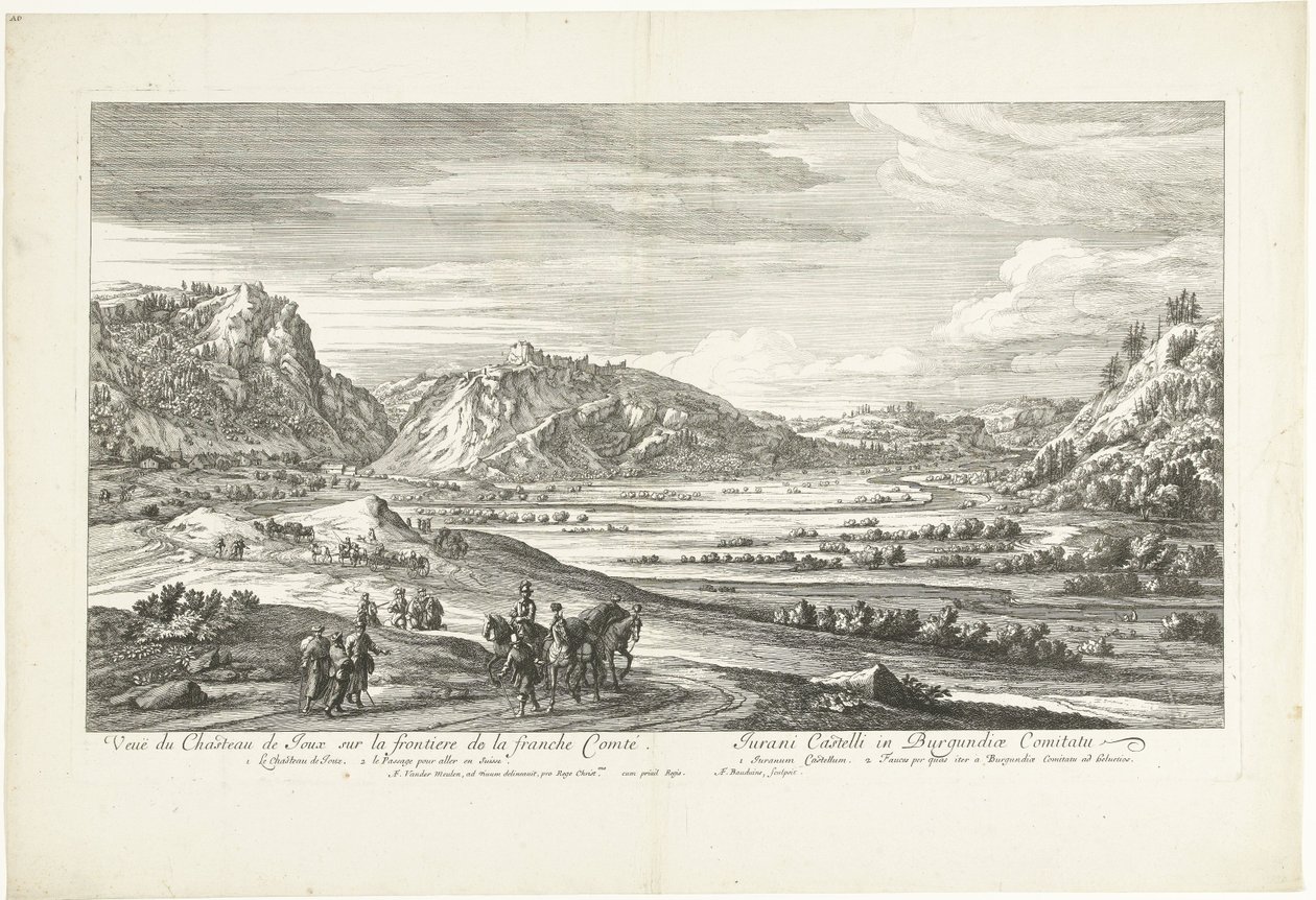 Udsigt over slottet Joux Veuë du Chasteau de Joux sur la frontiere de la franche Comté (titel på objektet) af Adriaen Frans Boudewyns