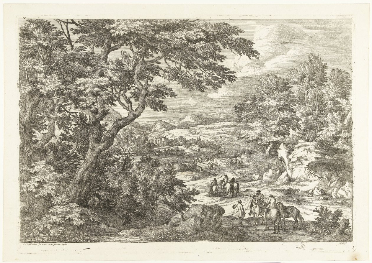 Landskab med jægere på vej hjem, et slot i det fjerne Landskaber med jægere (serietitel) af Adriaen Frans Boudewyns