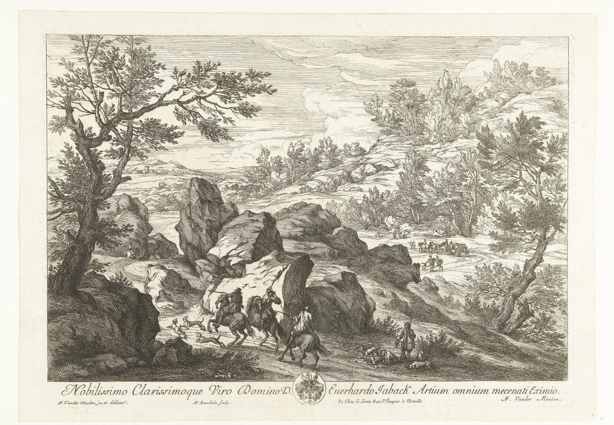 Landskab med ryttere ved et klippefremspring Landskaber med jægere (serietitel) af Adriaen Frans Boudewyns