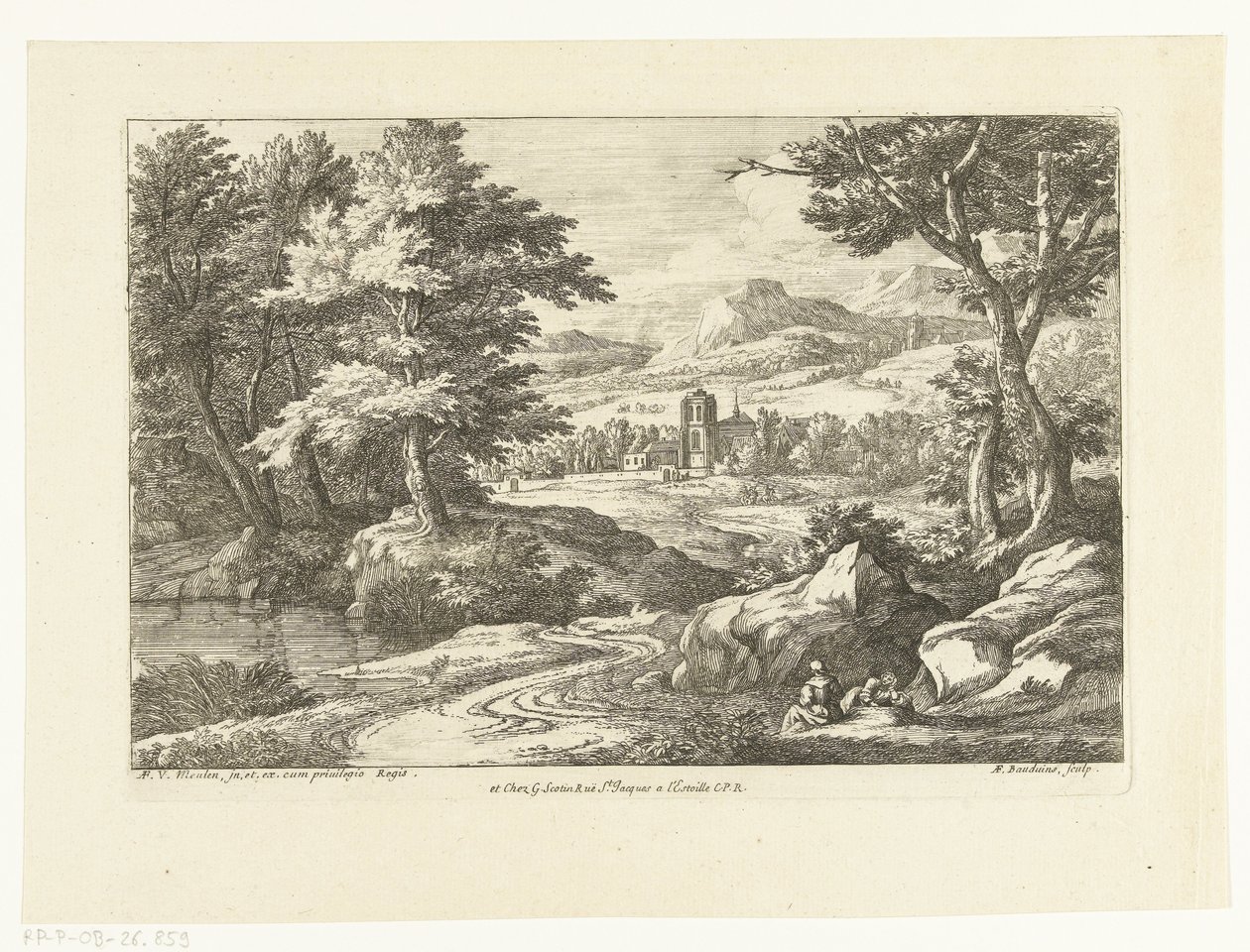 Landskab med to figurer langs en vej, en kirke i det fjerne af Adriaen Frans Boudewyns