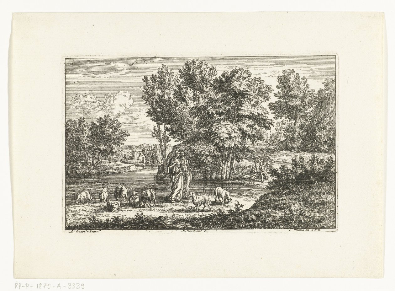 Landskab med to hyrdeinder ved et vand af Adriaen Frans Boudewyns