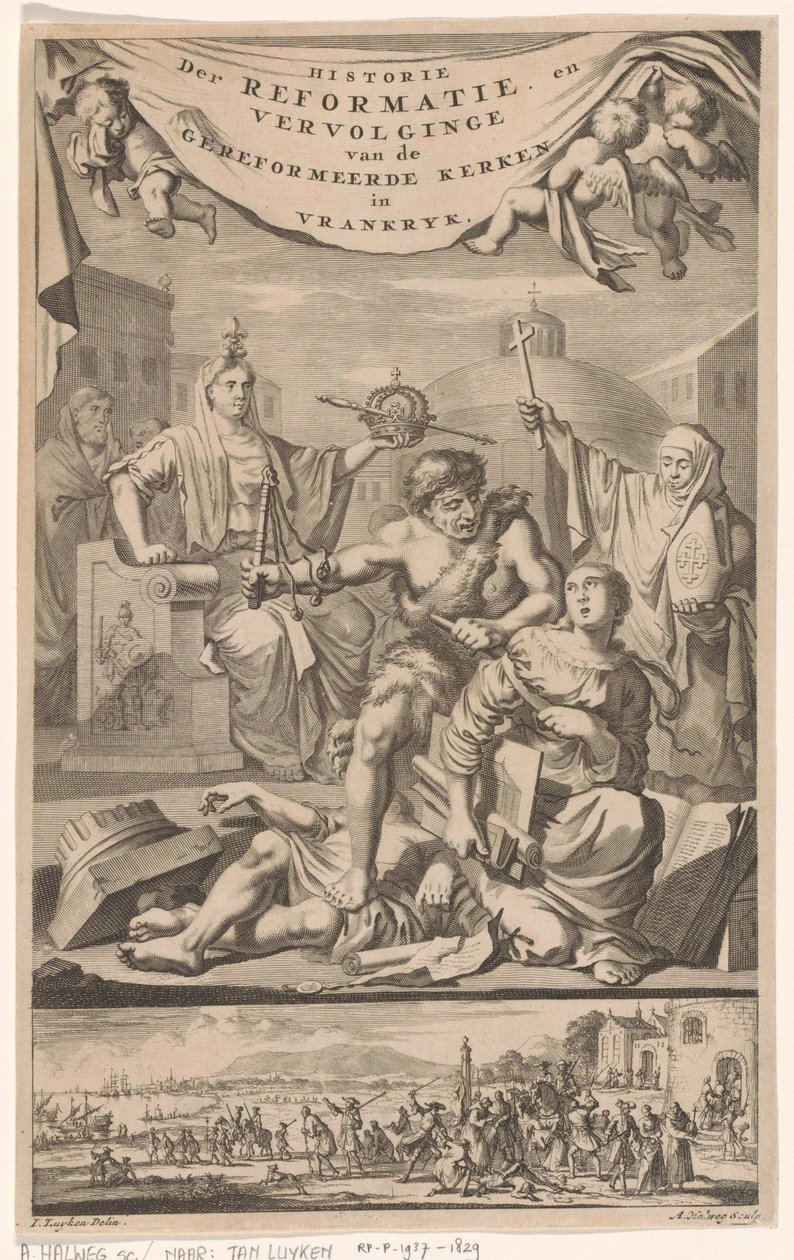 Fransk reformert kirke angrebet af mand med svøbe Titelside for: E. Benoist, History of the Reformed Churches of Vrankrijk, 1696 af Adriaen Haelwegh