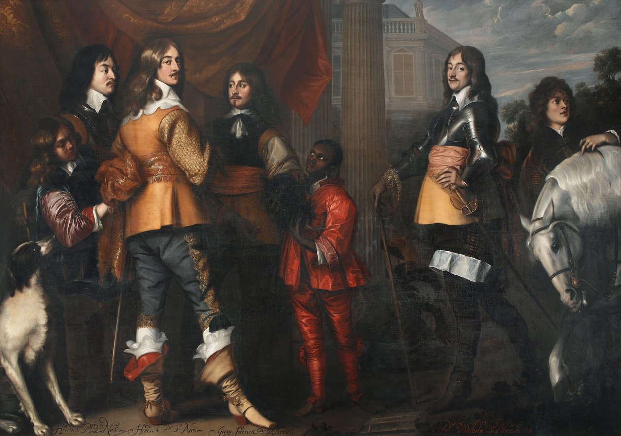 Gruppeportræt af Willem Frederik van Nassau-Dietz (1613-1664), Hendrik Casimir I van Nassau-Dietz (1612-1640), Hendrik van Nassau-Siegen (1611-1652) og George Frederik van Nassau-Siegen (1606-1674), med tjenere af Adriaen Hanneman