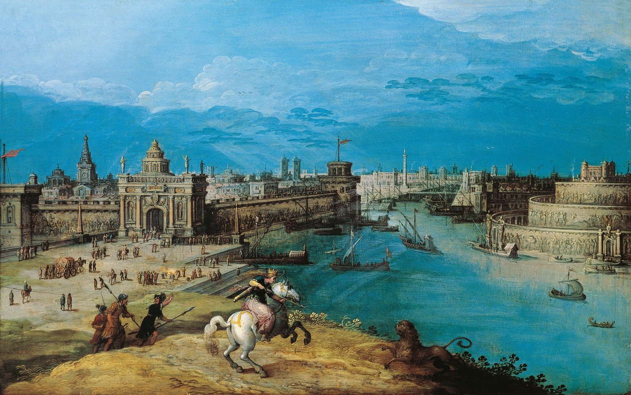 Jagt løven ved Babylons porte (olie på lærred) af Adriaen I van Nieulandt
