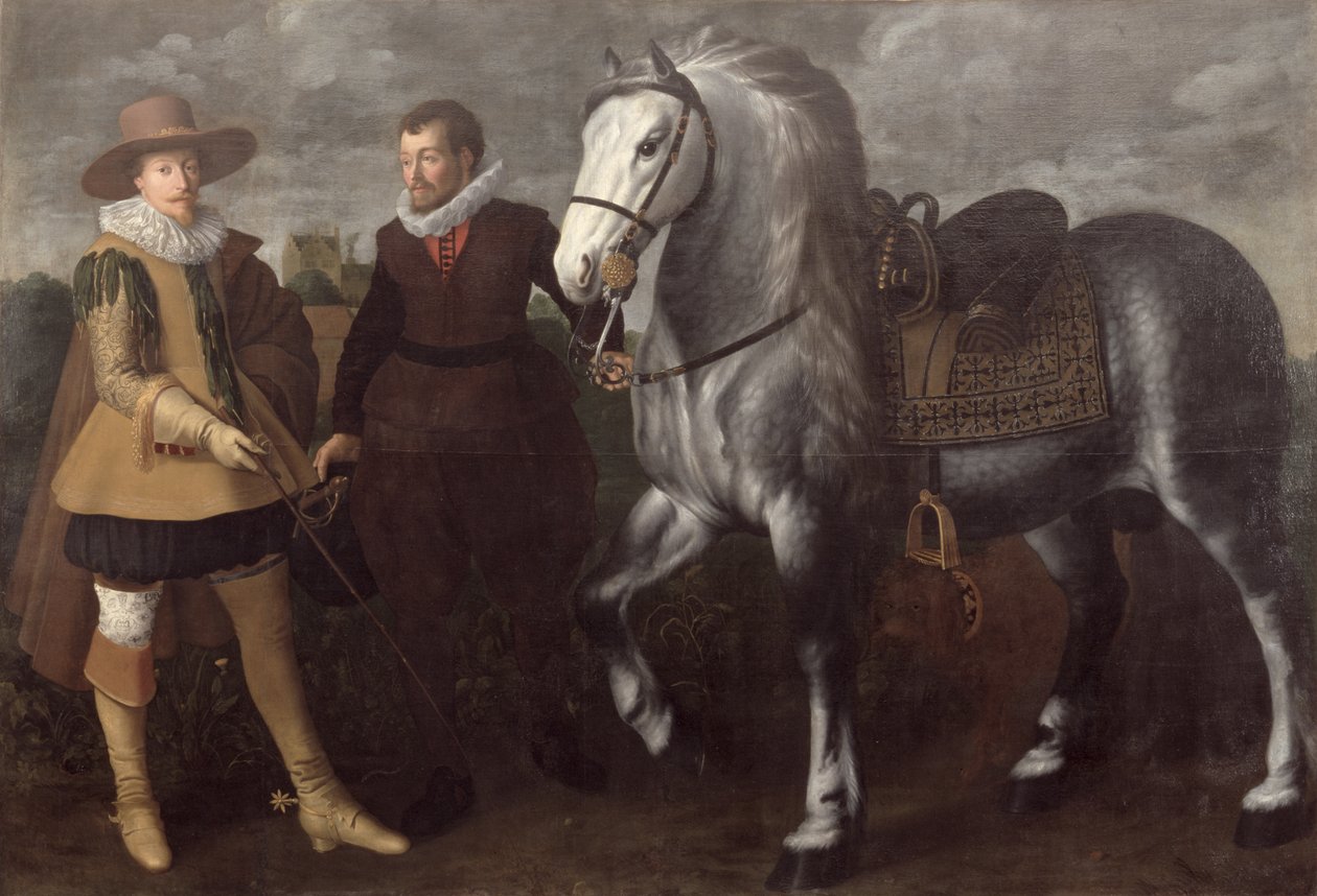 Portræt af en herre med sin hest og groom, 1624 af Adriaen I van Nieulandt
