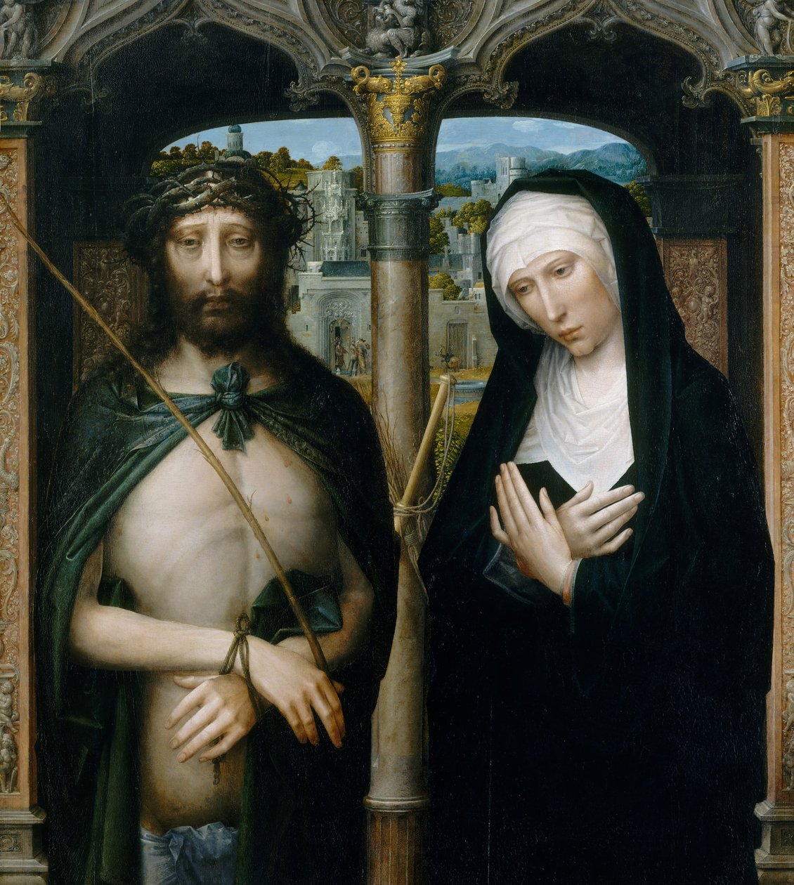 Kristus kronet med torne Ecce Homo, og den sørgende jomfru, ca. 1530-40. af Adriaen Isenbrandt