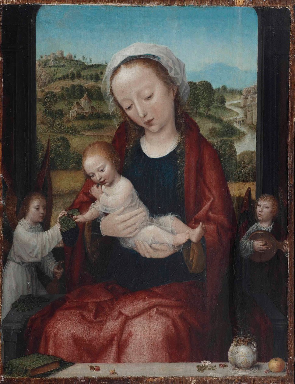 Jomfruen og barnet tronende, ledsaget af engle, foran et åbent vindue af Adriaen Isenbrandt