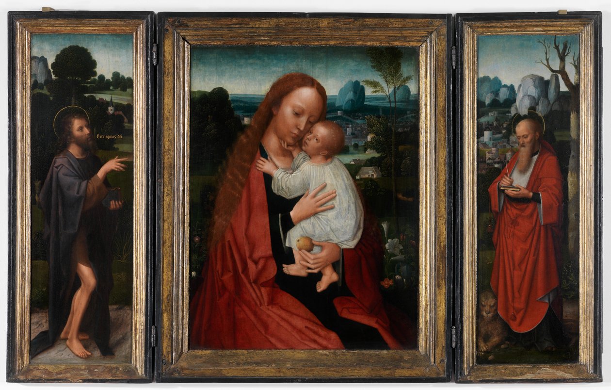 Madonna med Johannes Døberen og Sankt Hieronymus (olie på panel) af Adriaen Isenbrandt or Isenbrant