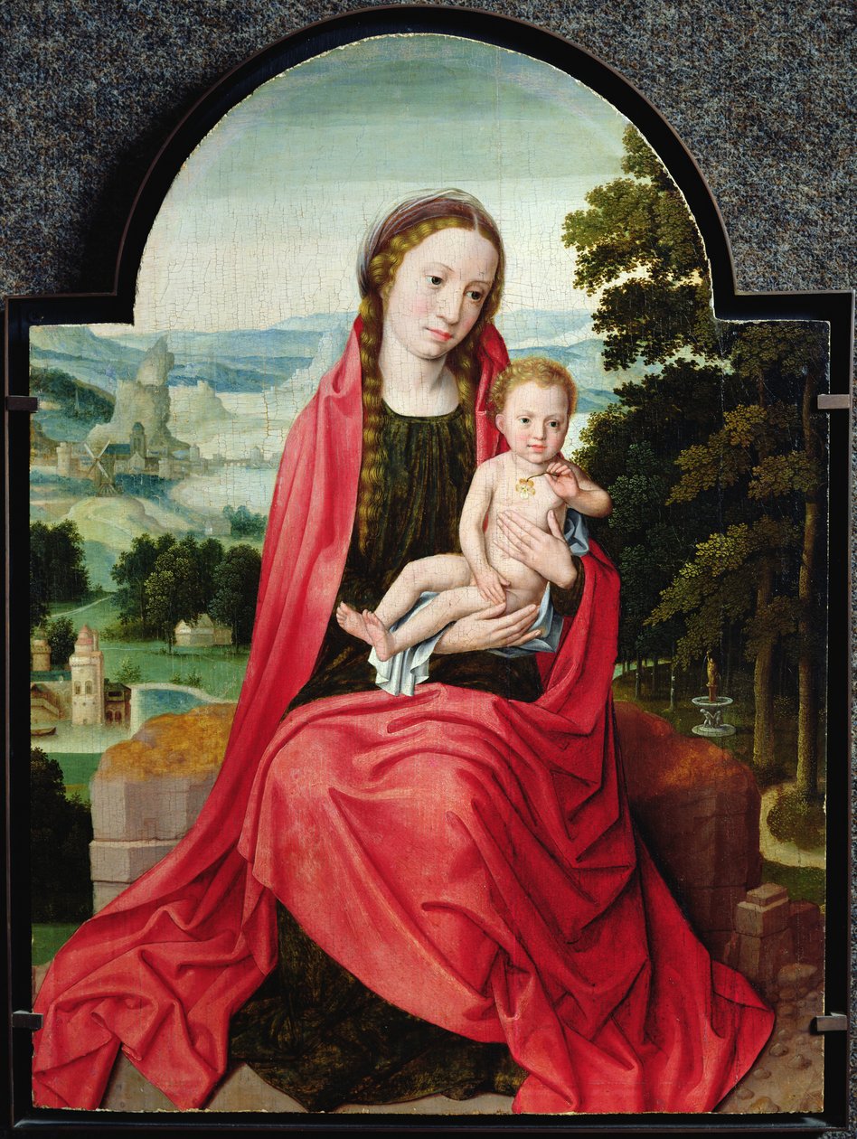 Jomfru med spædbarnet Kristus, der holder en stedmoderblomst af Adriaen Isenbrandt or Isenbrant