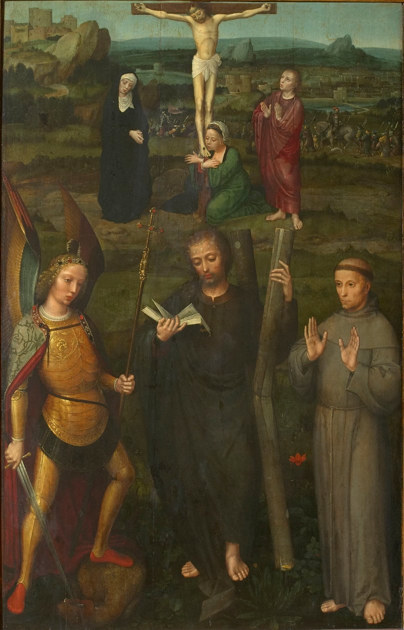Korsfæstelsen med de hellige Ærkeenglen Michael, Andreas og Frans af Assisi, ca. 1510. af Adriaen Isenbrant