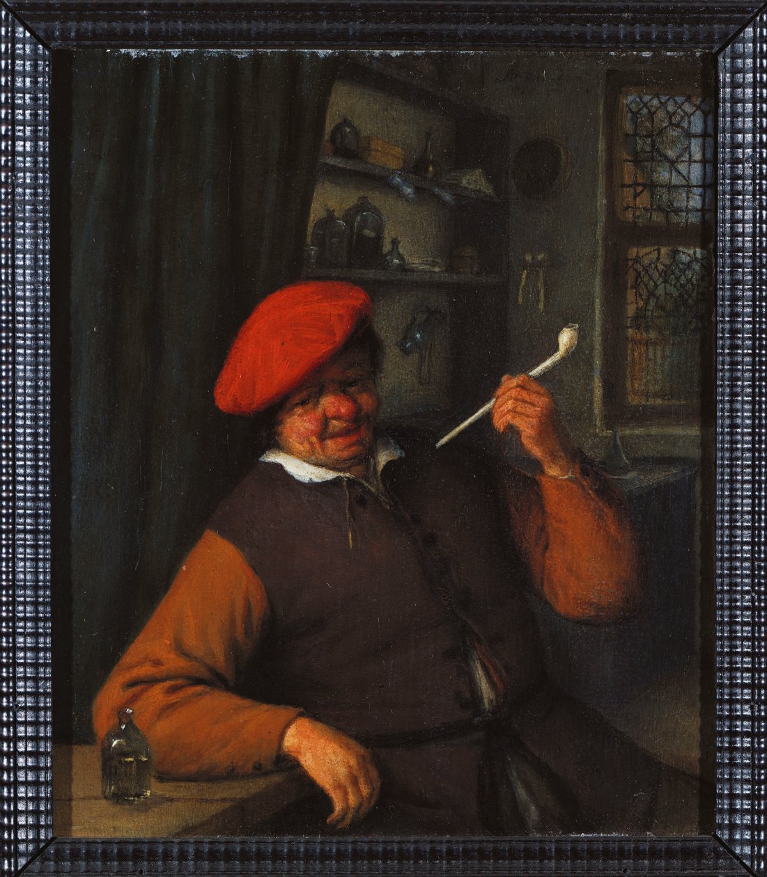 En bonde i en rød baret, der ryger pibe, i et indre af Adriaen Jansz. van Ostade