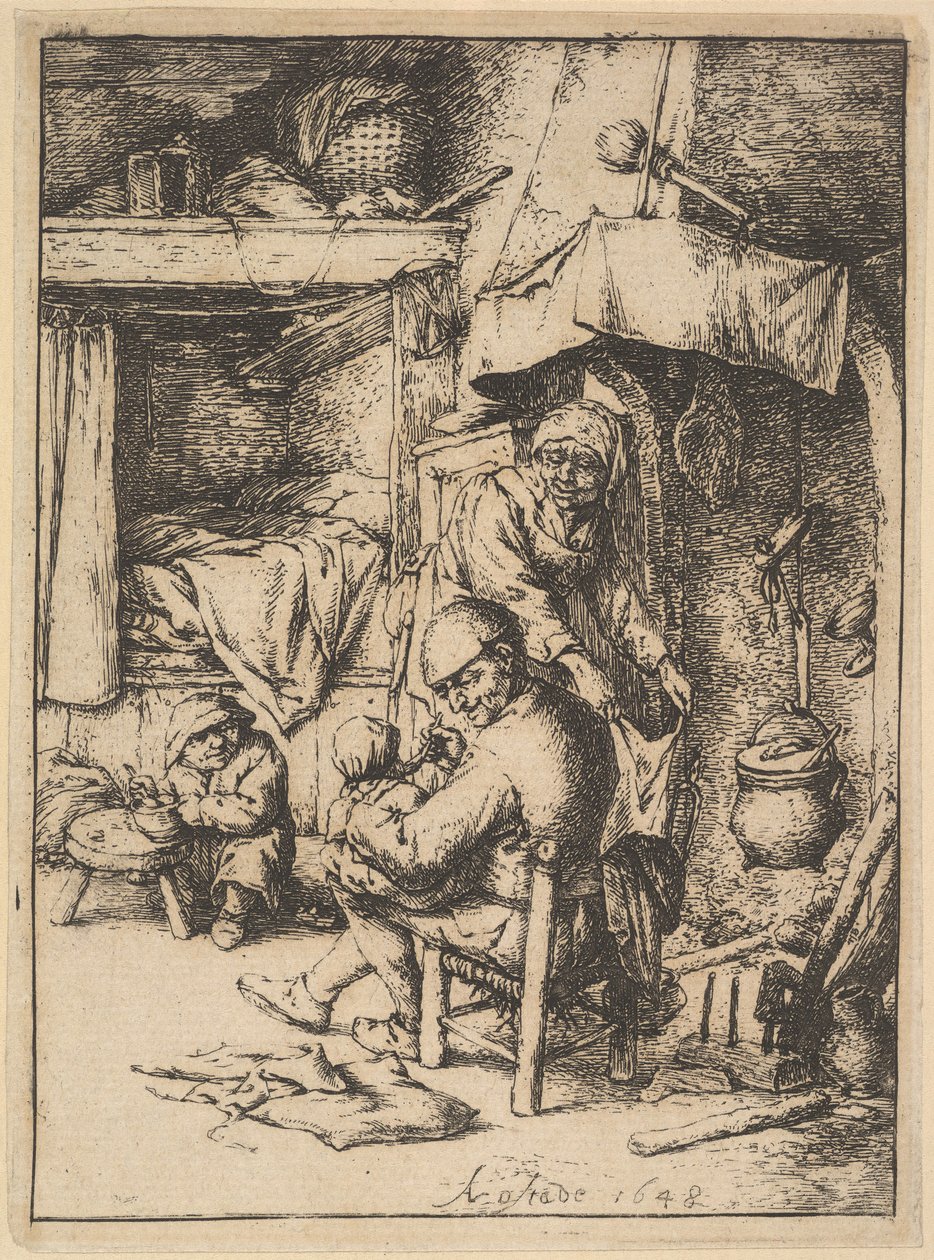 Familiens far giver bouillon til sin baby, 1610-85. af Adriaen Jansz. van Ostade