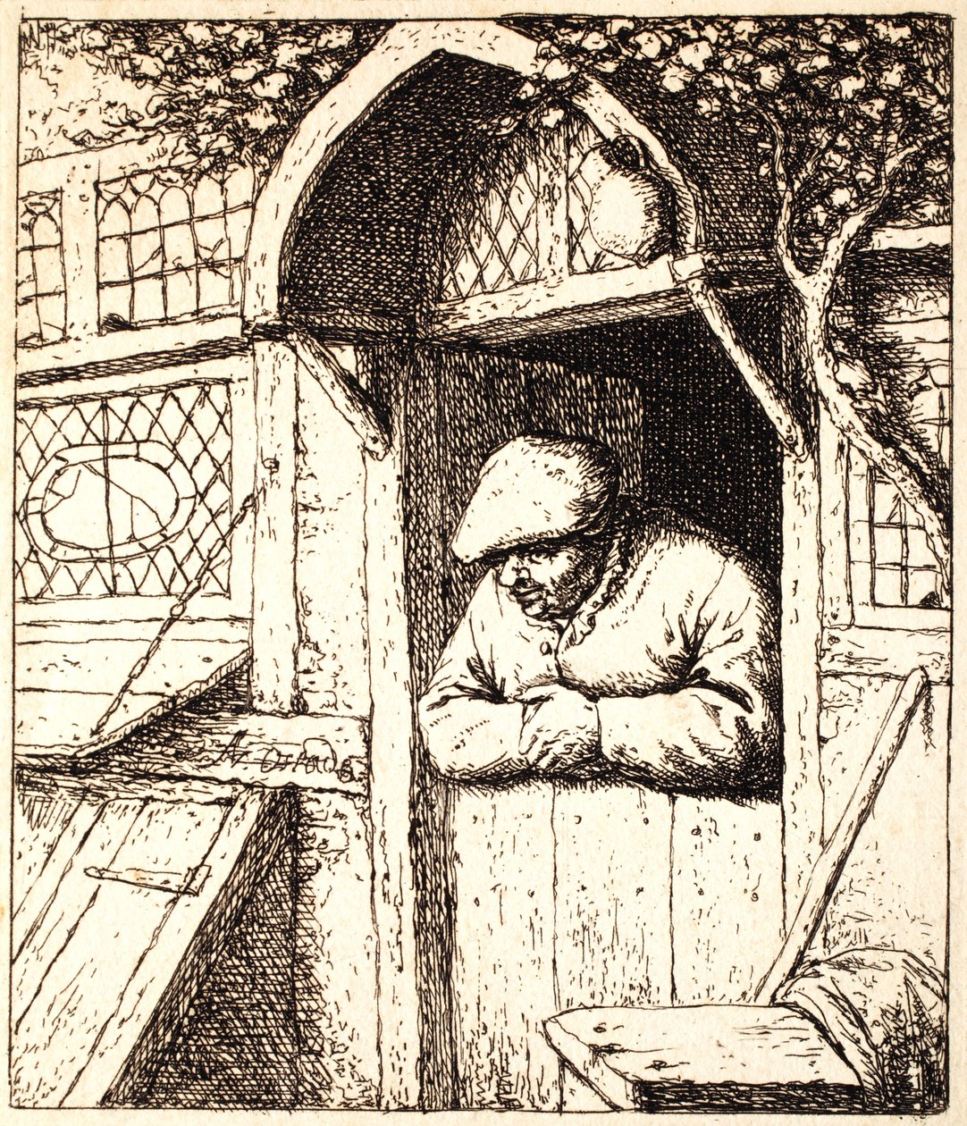 Mand, der læner sig op ad sin dør, ca. 1672 (radering) af Adriaen Jansz. van Ostade