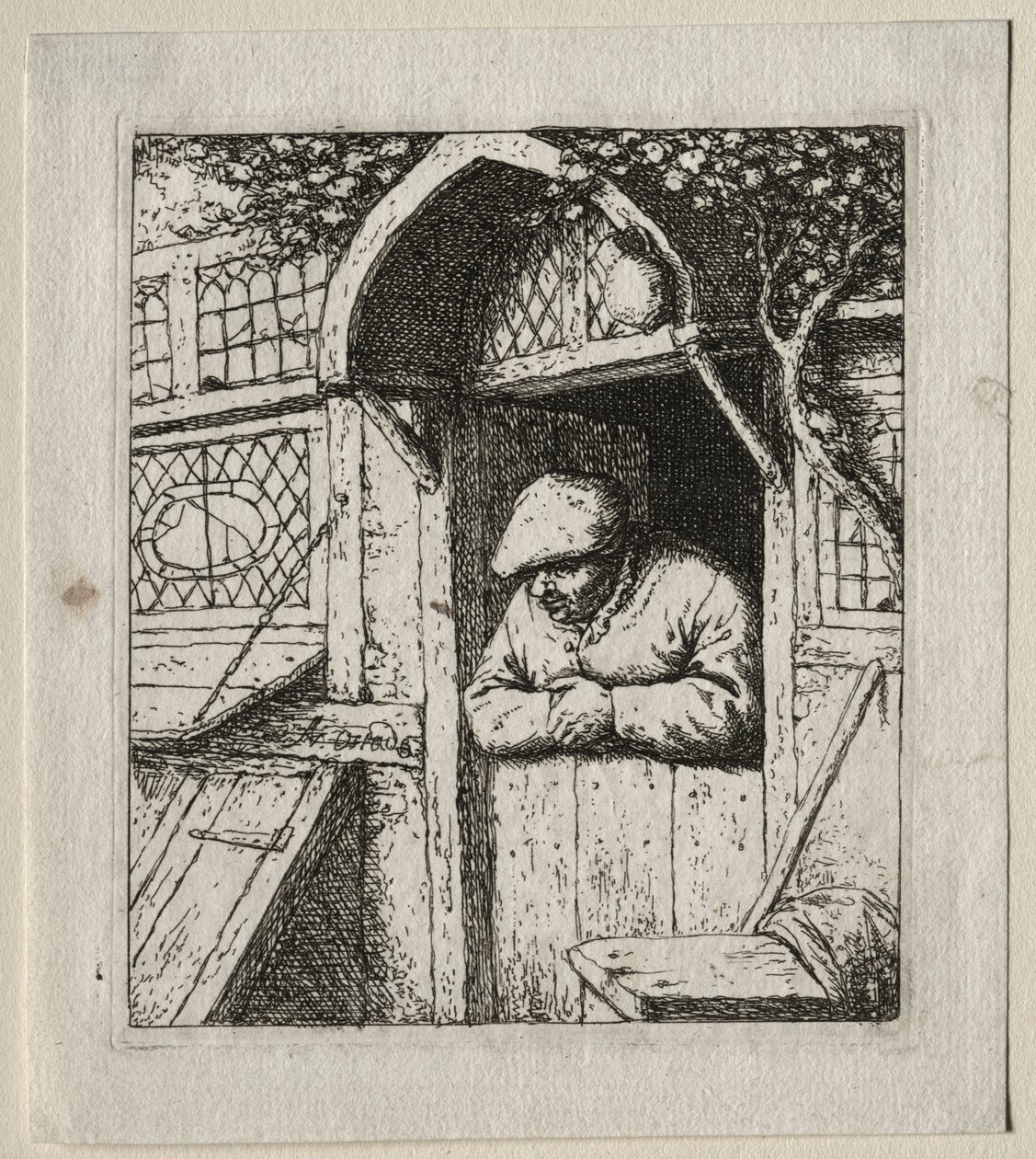 Bonde læner sig ind i sin døråbning. af Adriaen Jansz. van Ostade