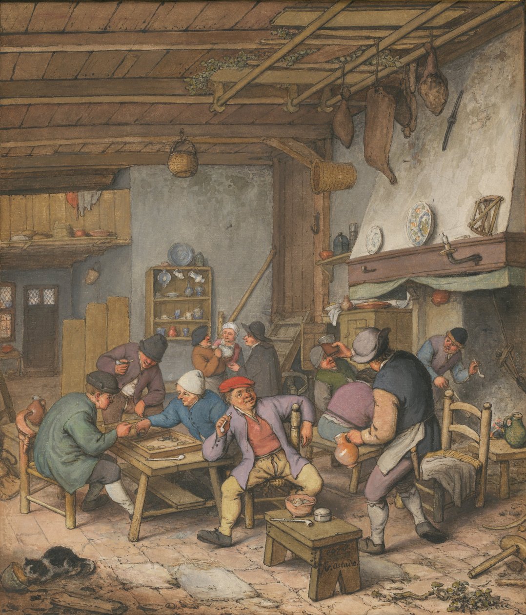Værelse i en kro med bønder, der drikker, ryger og spiller backgam, 1678 af Adriaen Jansz. van Ostade