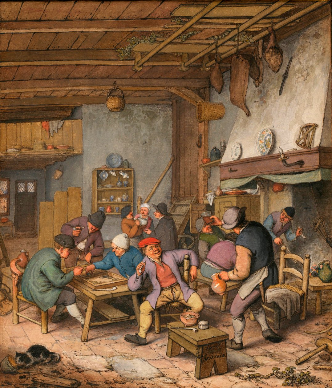 Værelse i en kro med bønder, der drikker, ryger og spiller backgammon - Værk af Adriaen Jansz van Ostade (1610-1685) Blyant, kridt og akvarel på papir af Adriaen Jansz. van Ostade