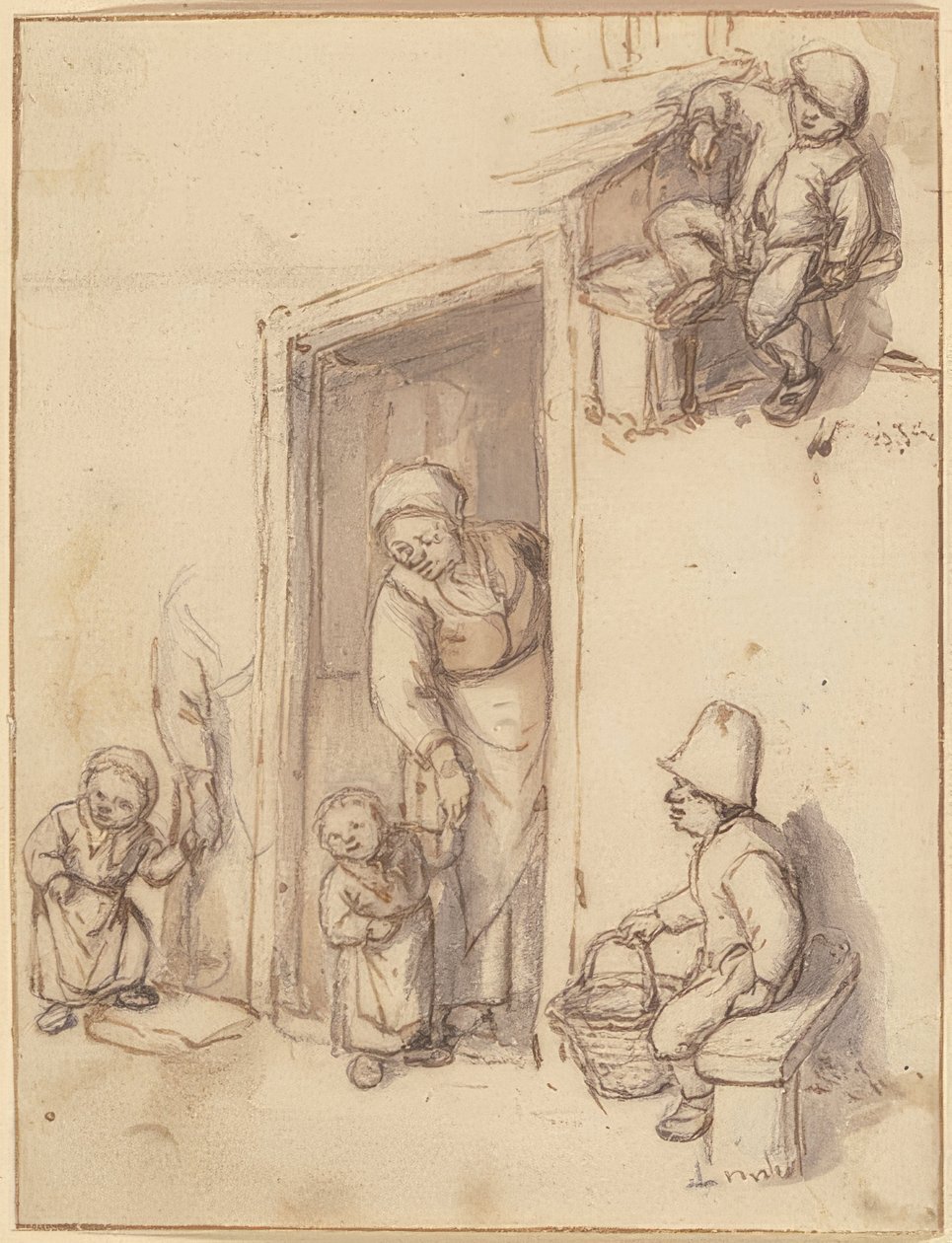 Studieark med en mor og hendes datter i hoveddøren, to drenge siddende. 1660
