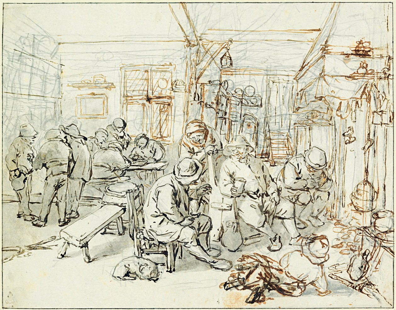 En gruppe bønder i et værtshus (Company of Peasants in a Tavern) - Tegning af Adriaen Jansz van Ostade (1610-1685), blyant og indisk blæk på papir, ca. 1675 - Albertina, Wien (Østrig) af Adriaen Jansz. van Ostade