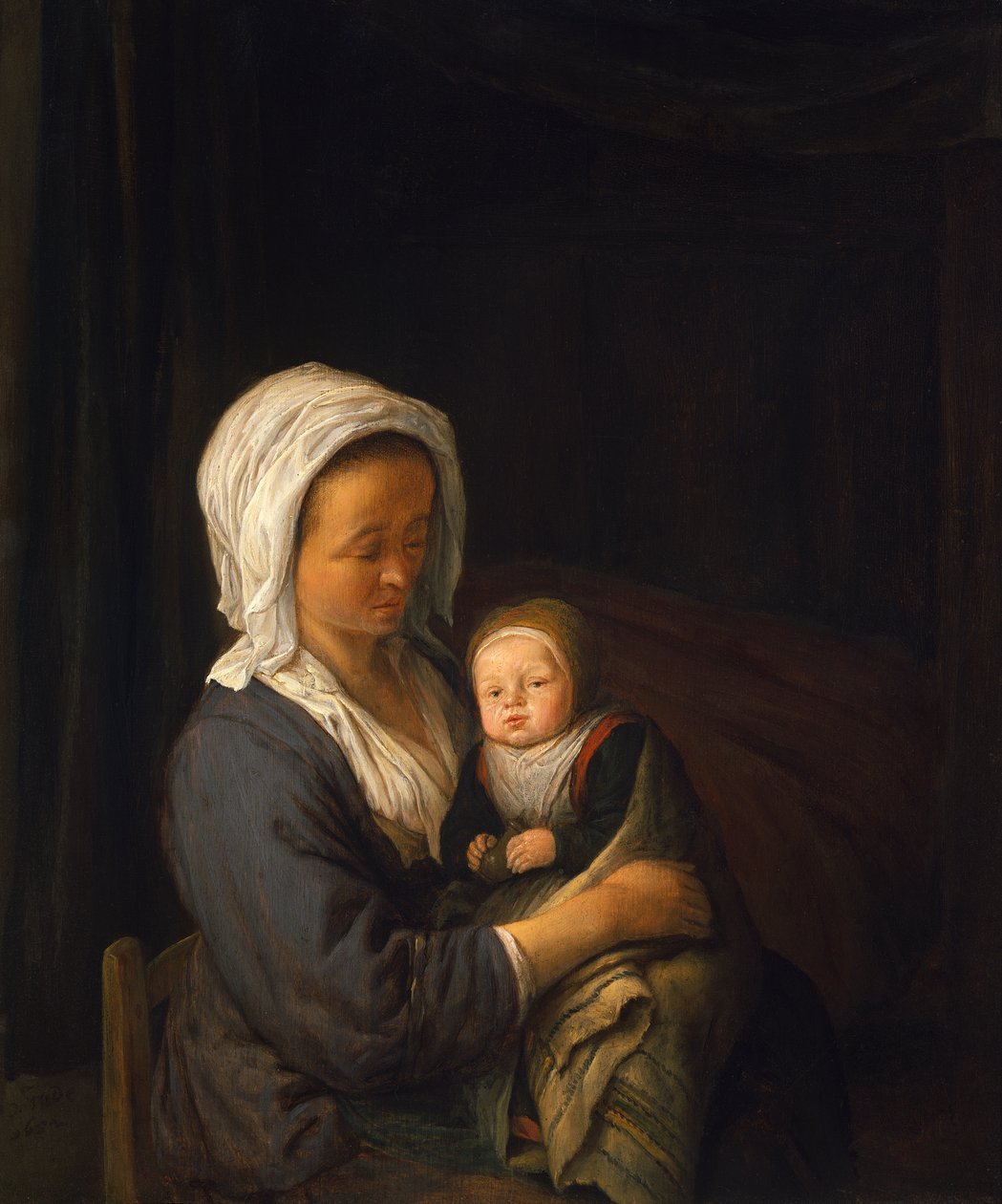 Kvinde holder et barn i sit skød af Adriaen Jansz. van Ostade