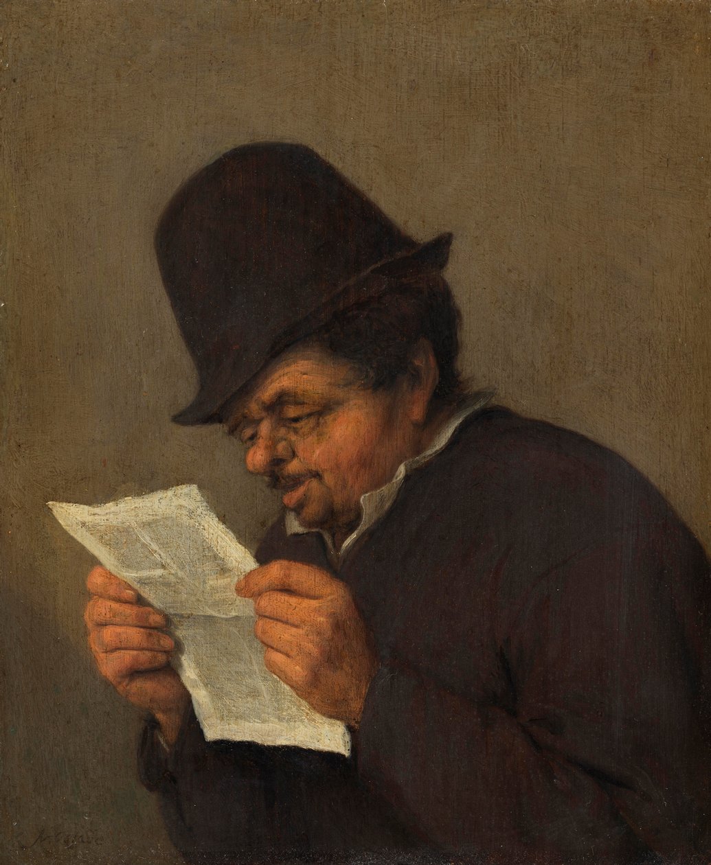 Gammel bonde læser et papir, ca. 1647 (olie på eg) af Adriaen Jansz. van school of Ostade