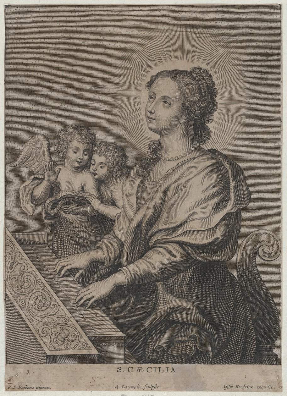 Sankt Cecilia spiller orgel med to putti til venstre, ca. 1654-77. af Adriaen Lommelin