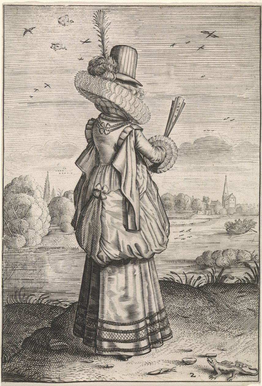 Adels- og Landskvinders Beklædning og Manerer Elegant dame fra hagedis Kleding og omgivelser af Nederlandse adellijke dames en boerinnen (serietitel) De ædle og rustne matroners adfærd og tilbedelse af Adriaen Matham (possibly)