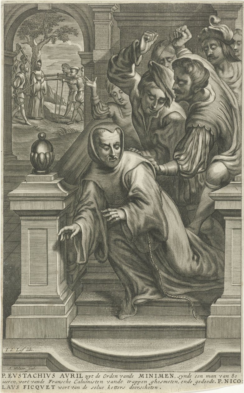 Eustachius Avril kastet ned ad trappen af ​​calvinister af Adriaen Millaert
