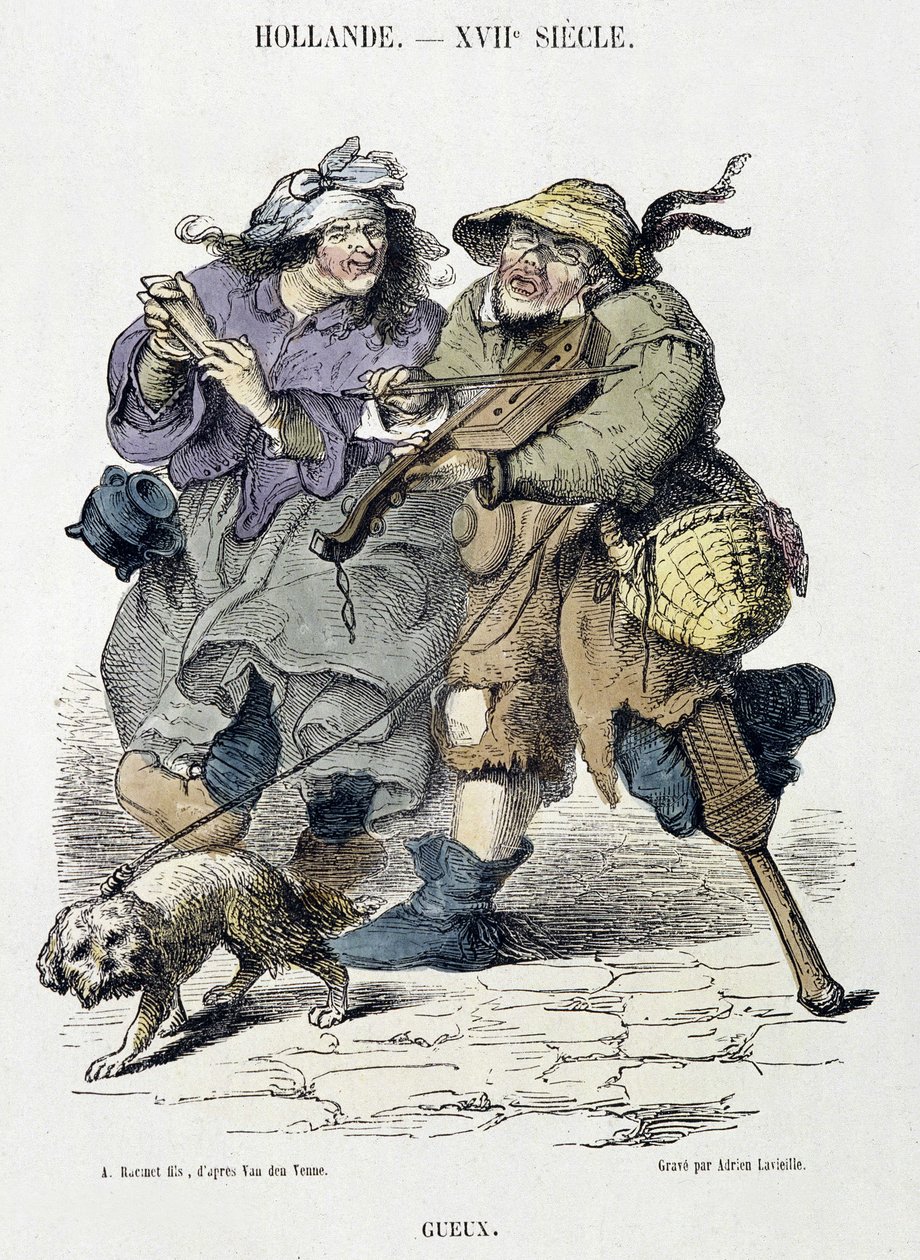 Gueux spiller gademusik, Holland, XVII. århundrede. af Adriaen Pietersz van de (after) Venne