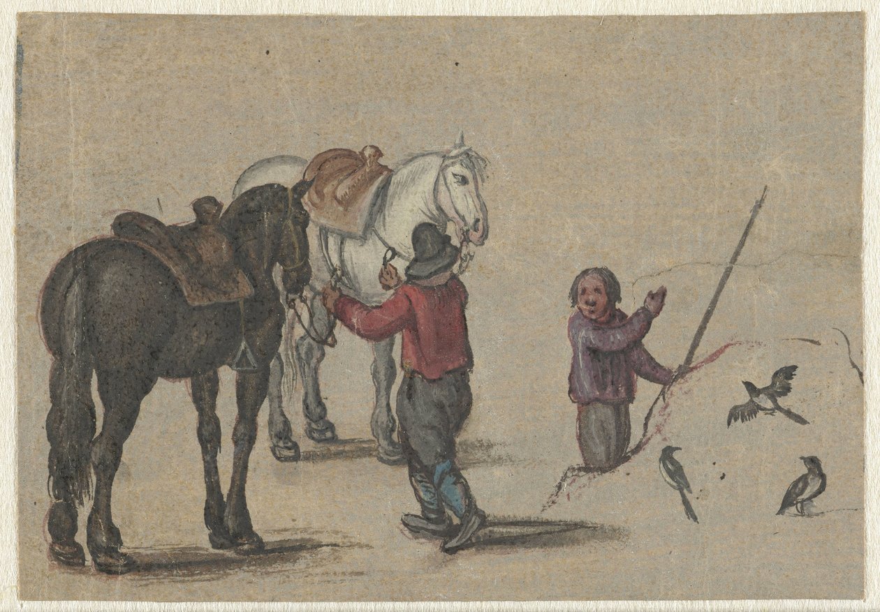 Mand med to heste og en mand med fugle af Adriaen Pietersz van de Venne (possibly)