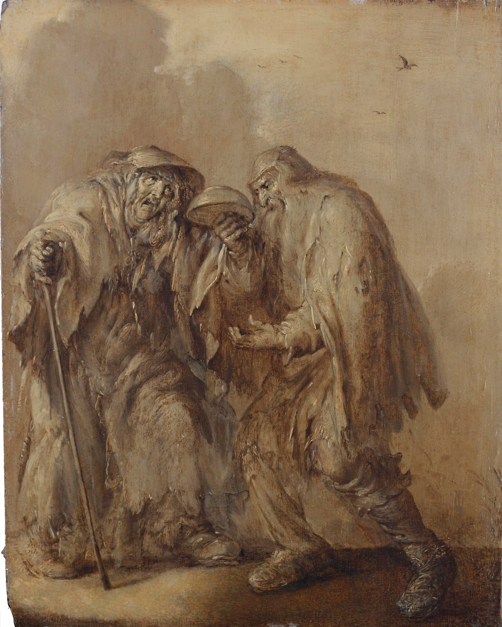 Et ældre tiggerpar holder en tom skål på hovedet; en brunaille (olie på panel) af Adriaen Pietersz. van de Venne