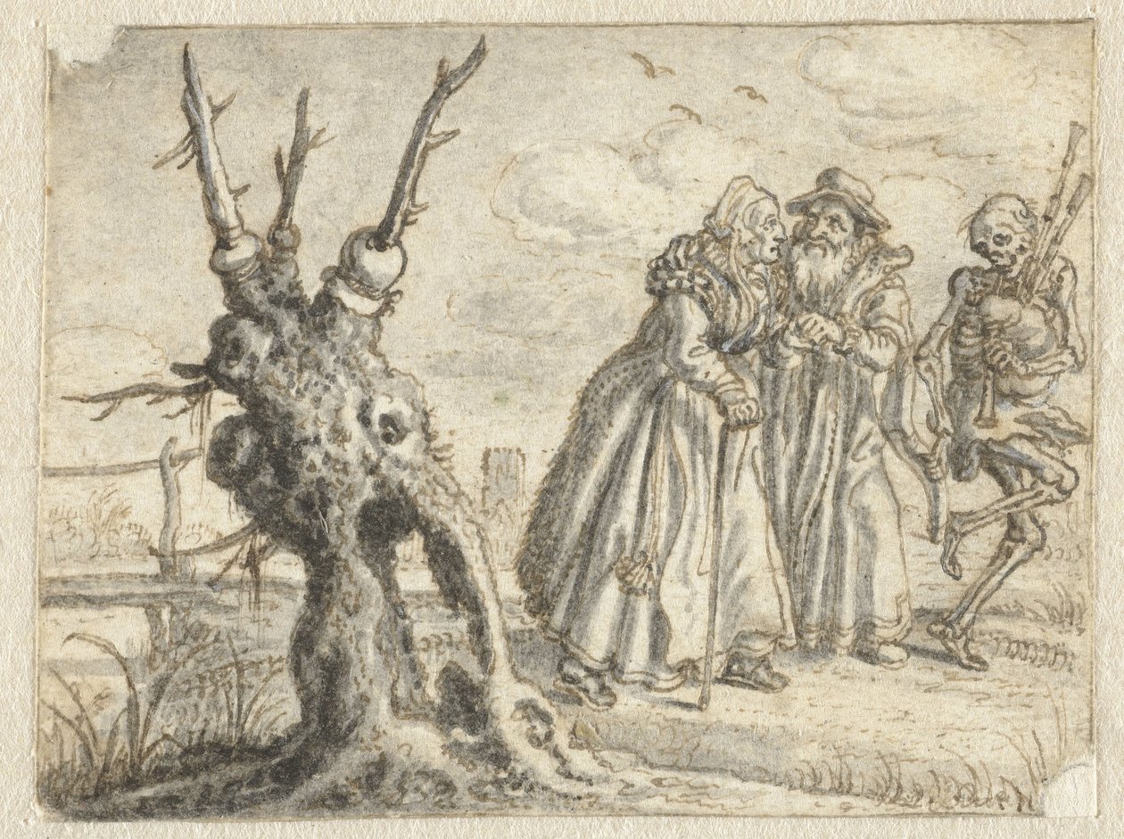 Ældre mand og kvinde følger gerne døden og spiller sækkepibe af Adriaen Pietersz van de Venne