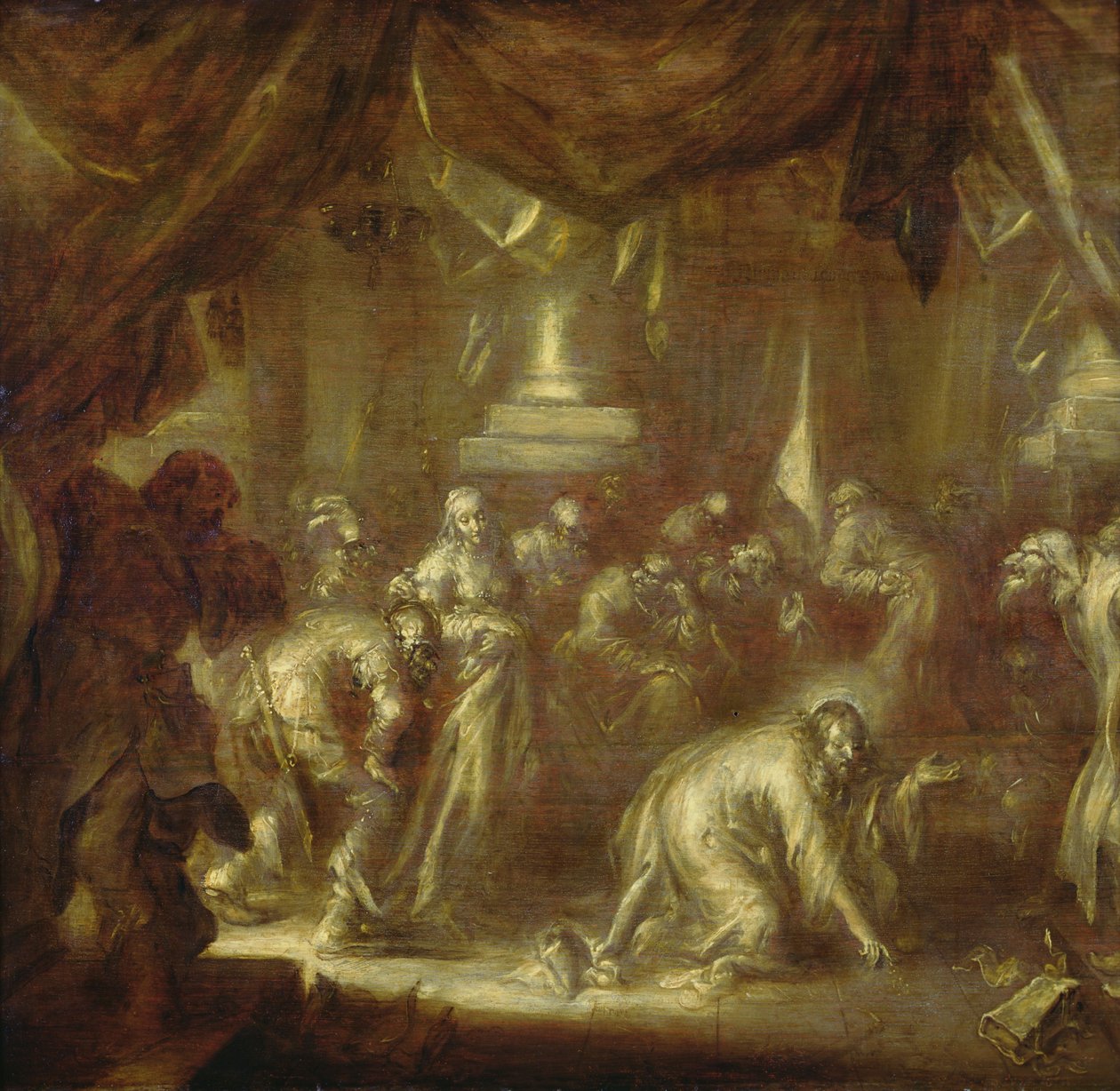 Jesus og utroskabskvinden (grisaille på træ) af Adriaen Pietersz van de Venne