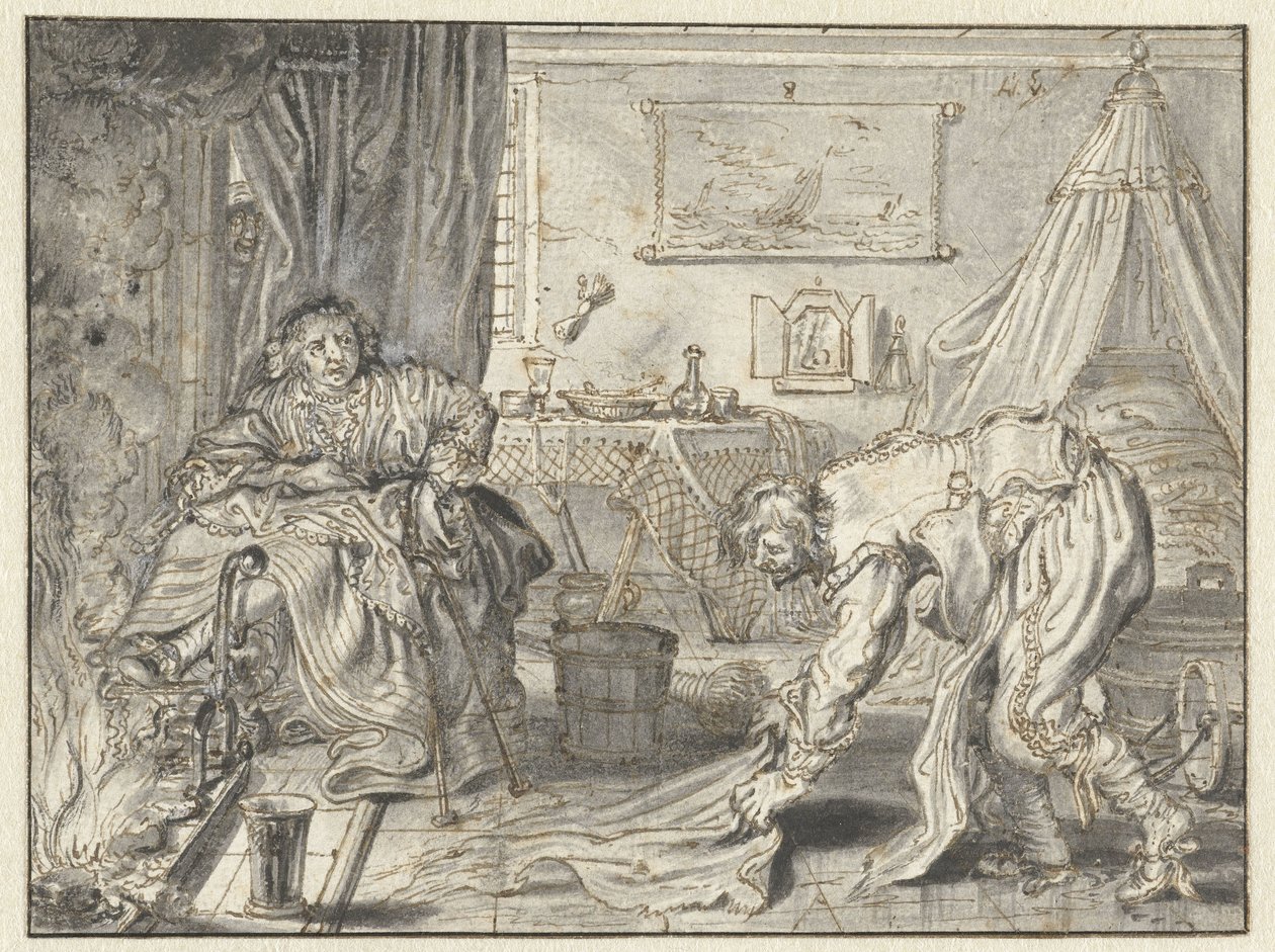 Mand, der renser gulvet, mens hans kone sidder ved ildstedet af Adriaen Pietersz van de Venne