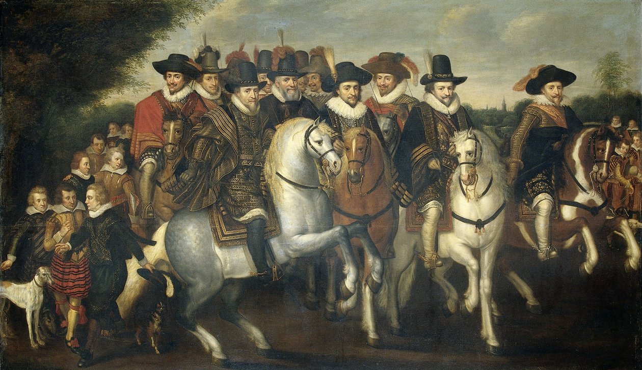 Prins Maurice ledsaget af sine to brødre, Frederik V, kurfyrst Pfalz og grever af Nassau til hest, ca. 1625 af Adriaen Pietersz van de Venne