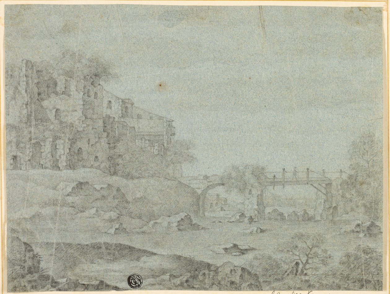Ruiner med udsigt over flod og bro af Adriaen Pietersz. van de Venne