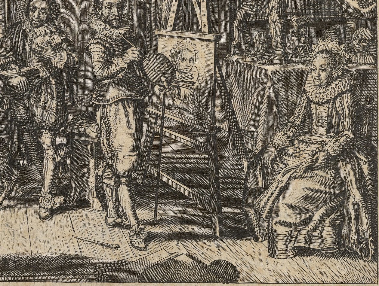 Maler og kvindelig model i studie Houwelyck (serietitel) af Adriaen Pietersz van de Venne