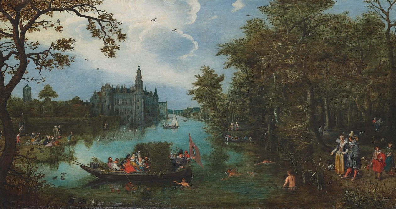Sommerlandskab med bådelaug og badegæster af Adriaen Pietersz. van de Venne