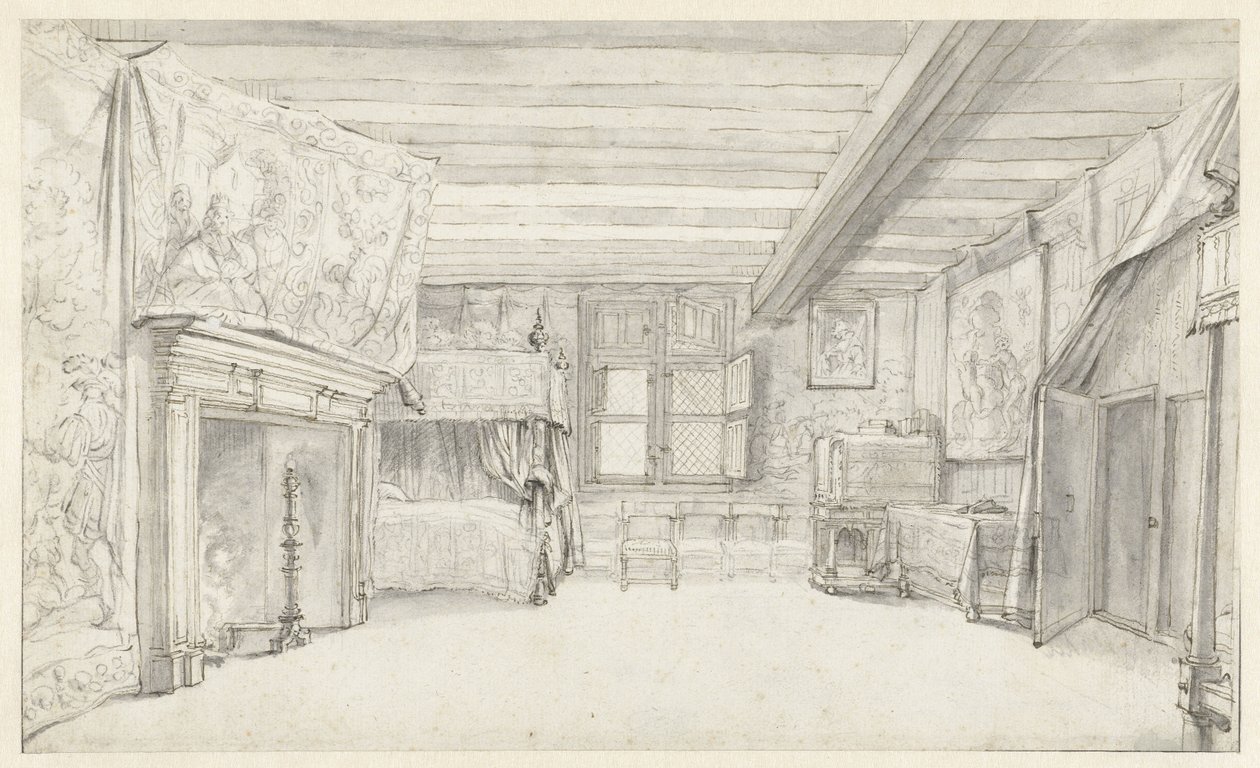 Udsigt over et rigt indrettet kammer med himmelseng af Adriaen Pietersz van de Venne