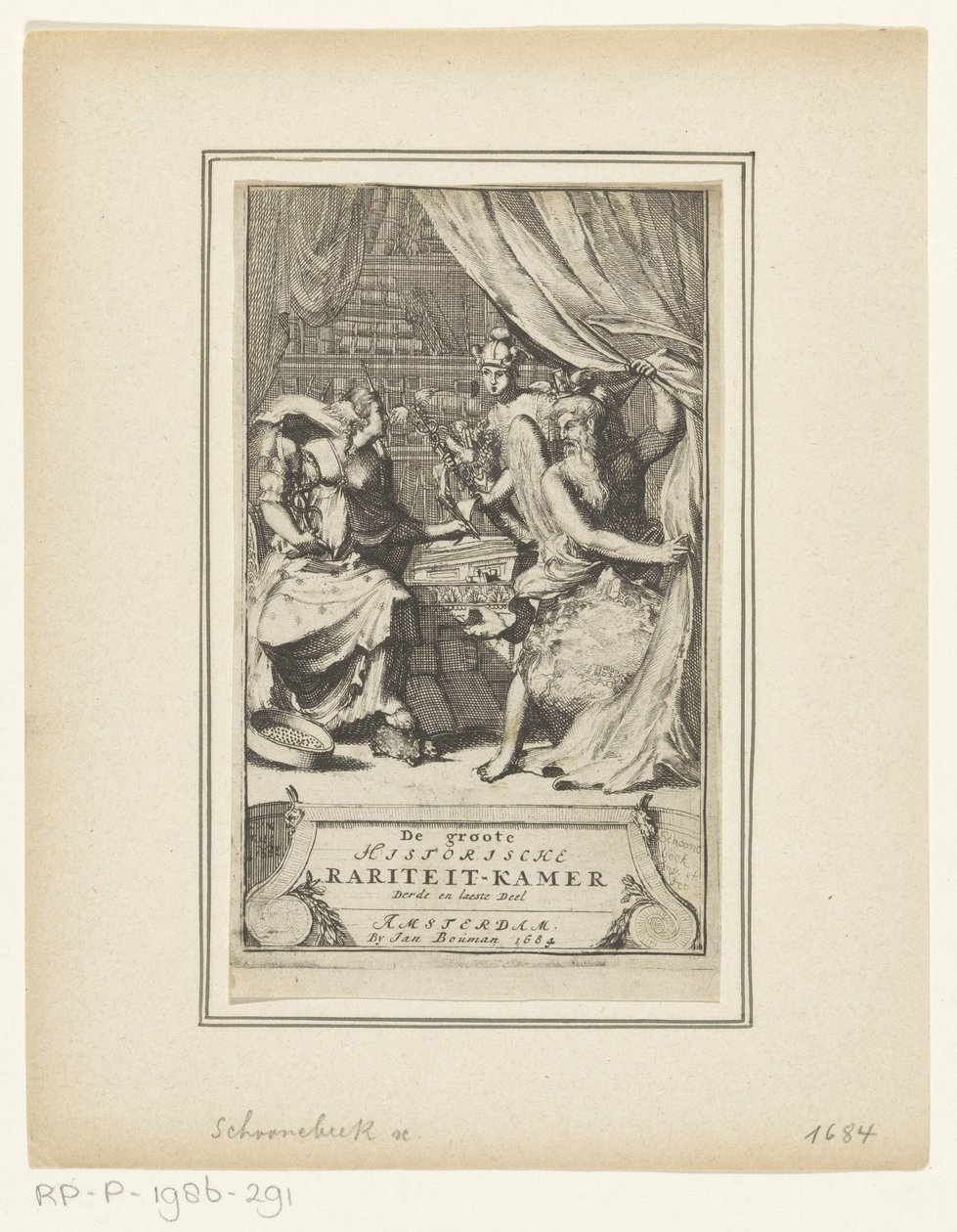 Allegorisk fremstilling med Fader Tid, Merkur og Visdom The Great Historical Room of Curiosity Tredje og sidste bind (titel på objekt) Titelside for: Simon de Vries, De vidende sindes ædleste tidsrabat, eller Den store historiske rar af Adriaen Schoonebeek