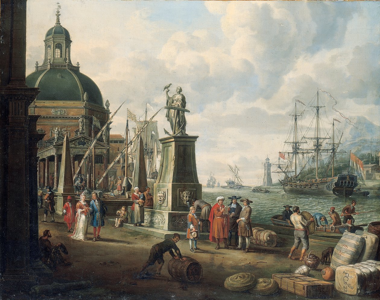 En capriccio af en middelhavshavn med købmænd, et elegant par på kajen, før en statue af håb og en barokkirke, et fyrtårn, en hollandsk krigsmand og anden skibsfart udenfor, 1700 af Adriaen Verdoel