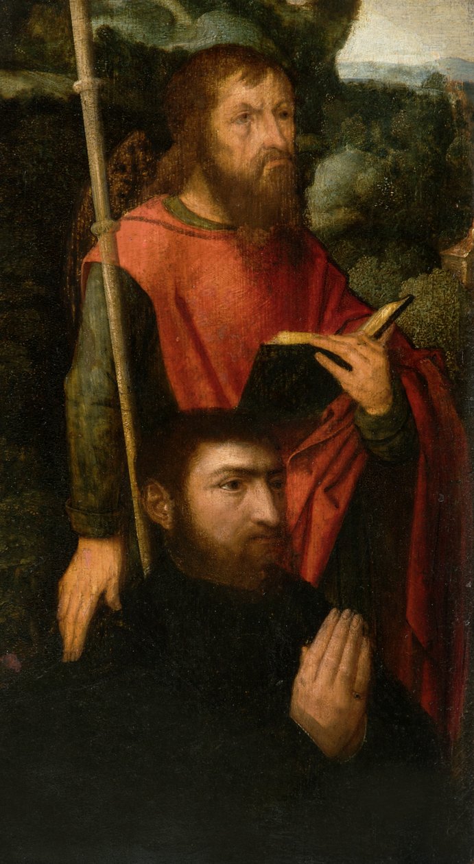 En mandlig helgen med en donor af Adriaen circle of Ysenbrandt