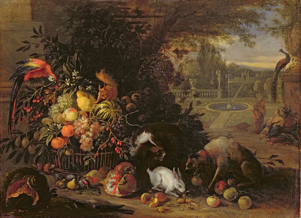 Stilleben i en have, ca. 1700 (olie på panel) af Adriaen de Gryef