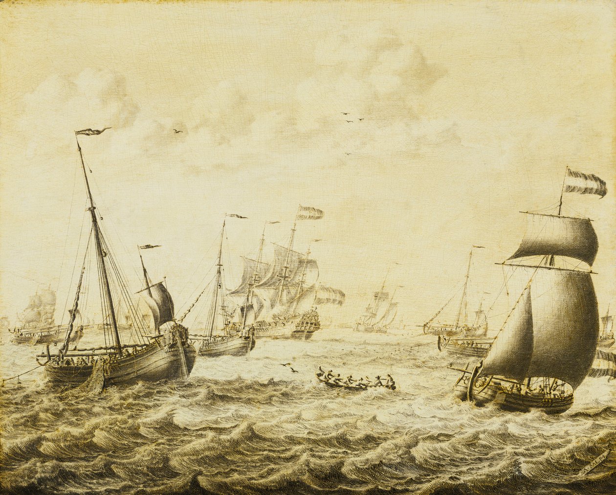Hollandsk sildefiskeri, slutningen af det 17. århundrede (grisaille på panel) af Adriaen or Abraham Salm