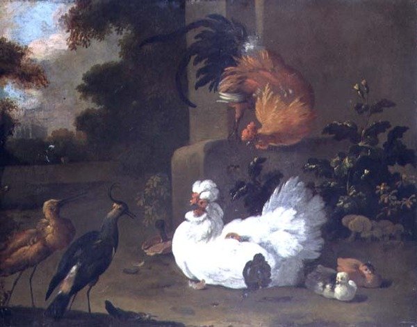 En Ruft, en Lapwing og kyllinger ved en monteringsblok af Adriaen van Oolen