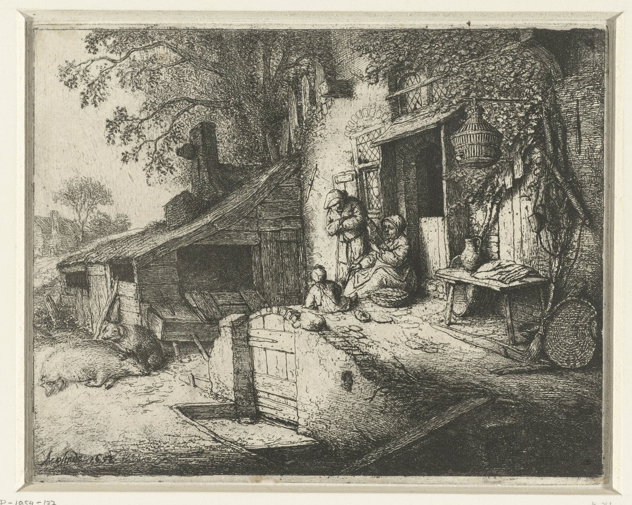 Spindende kvinde foran et hus Den snurrende kvinde ved døren af Adriaen van Ostade (signed by artist)