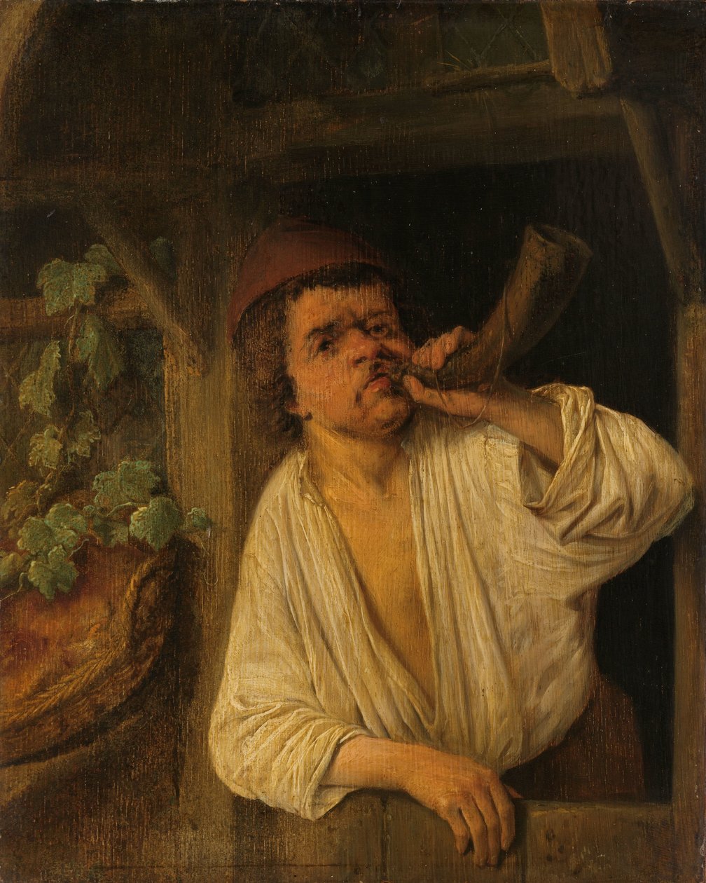 En bager, der lyder sit horn af Adriaen van Ostade