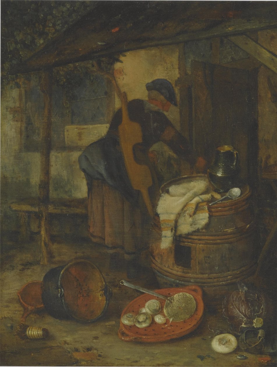 En stuepige ved en dør med en tønde og grøntsager af Adriaen Jansz. van Ostade