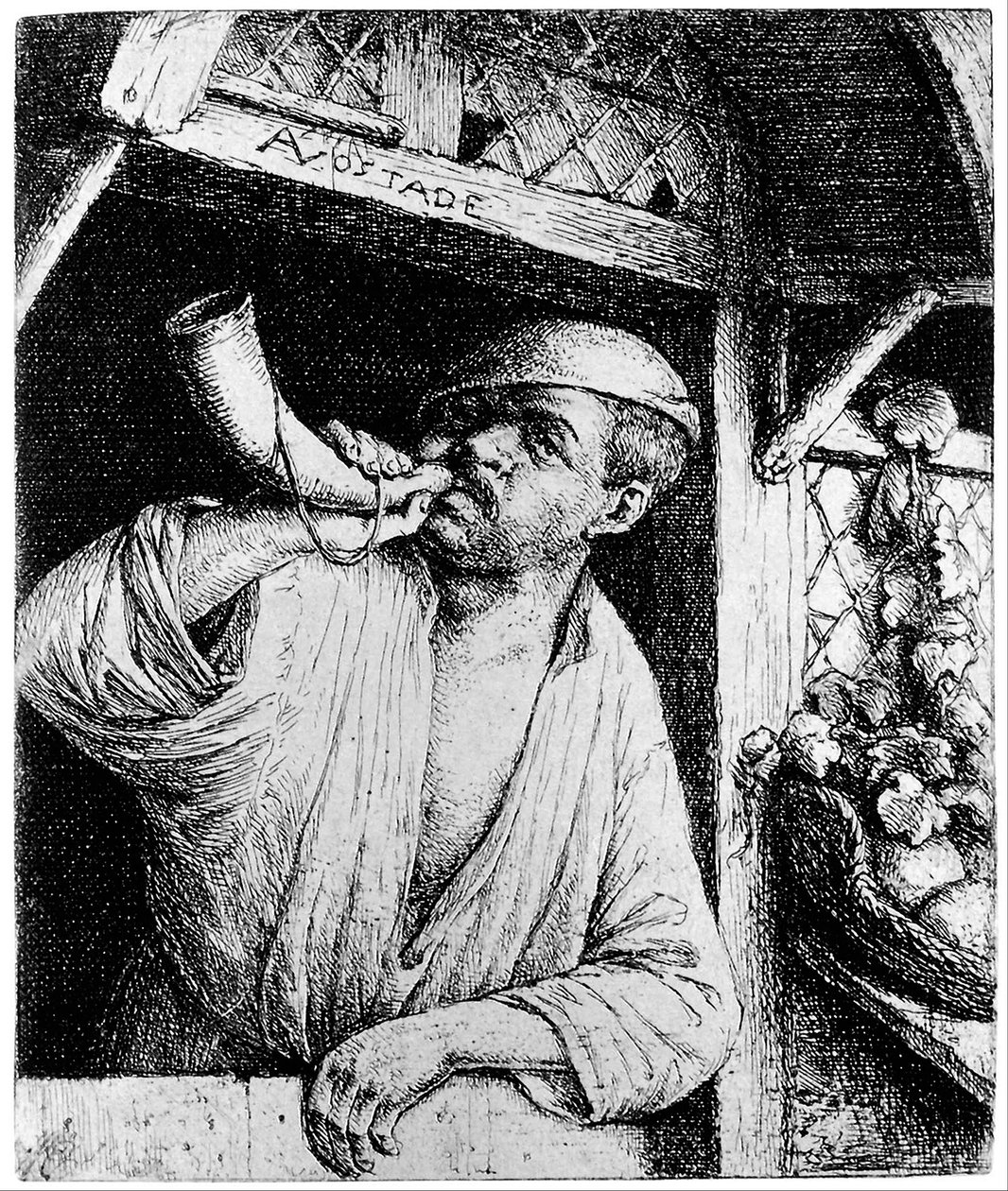 En bager, der blæser i sit horn af Adriaen van Ostade